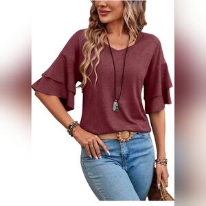 Sialois Womens Blouses Ruffle Sleeve Top V Neck Chic Maroon Ruffle Sleeve Blouse